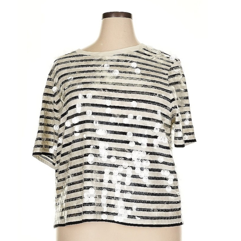 J. Crew Black and White Striped Sequin Short Sleeve Tee